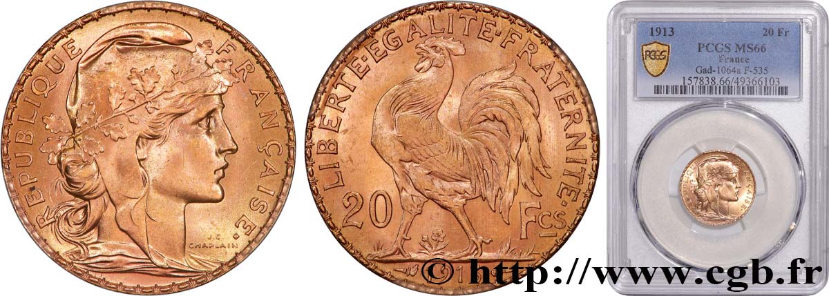 20 francs or Coq, Liberté Égalité Fraternité 1913 Paris F.535/7 MS66 PCGS