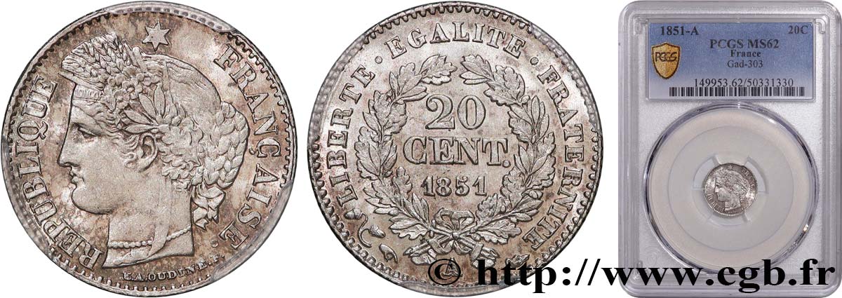 20 centimes Cérès, IIe République 1851 Paris F.146/7 VZ62 PCGS