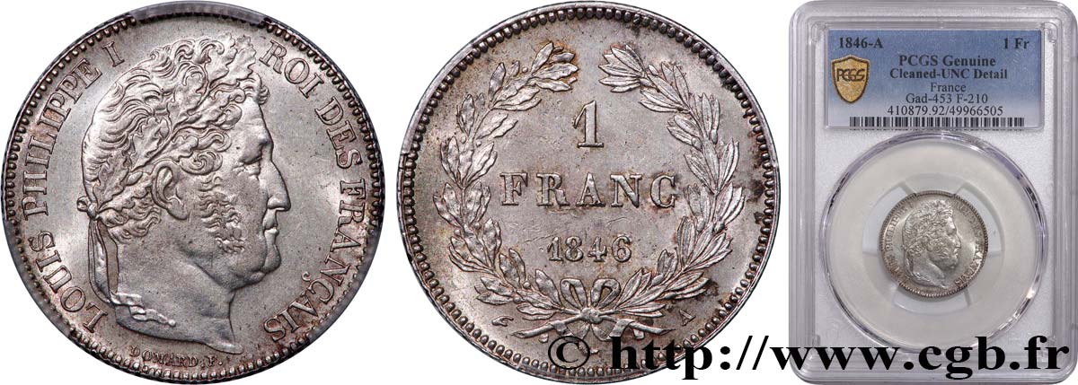 1 franc Louis-Philippe, couronne de chêne 1846 Paris F.210/105 MS PCGS