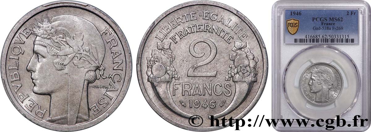 2 francs Morlon, aluminium 1946  F.269/8 MS62 PCGS