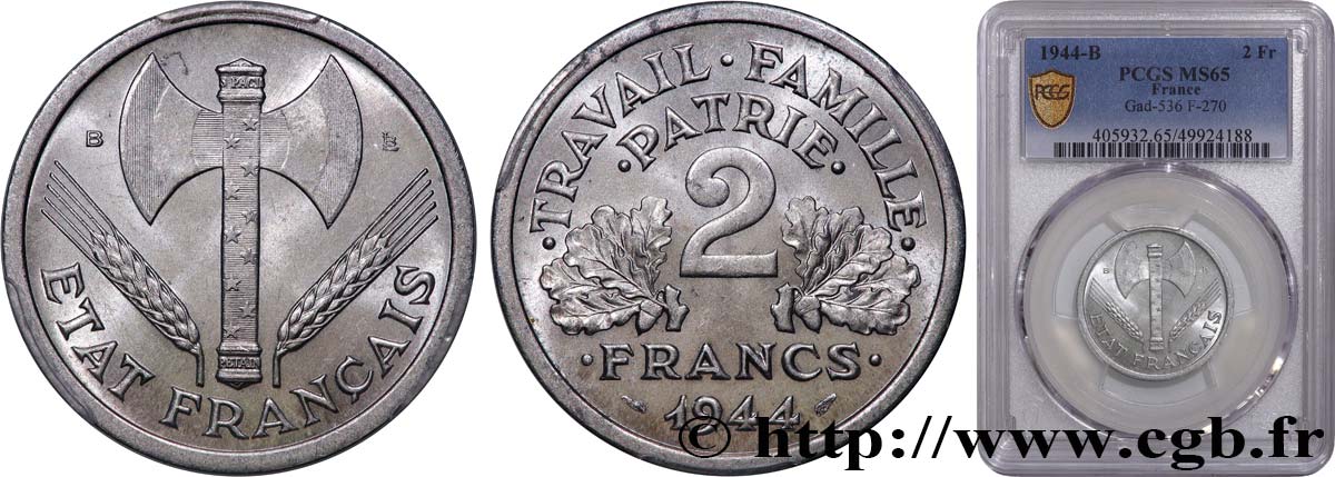 2 francs Francisque 1944 Beaumont-Le-Roger F.270/5 FDC65 PCGS