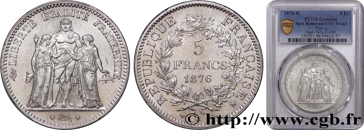 5 francs Hercule 1876 Bordeaux F.334/18 SPL+ PCGS