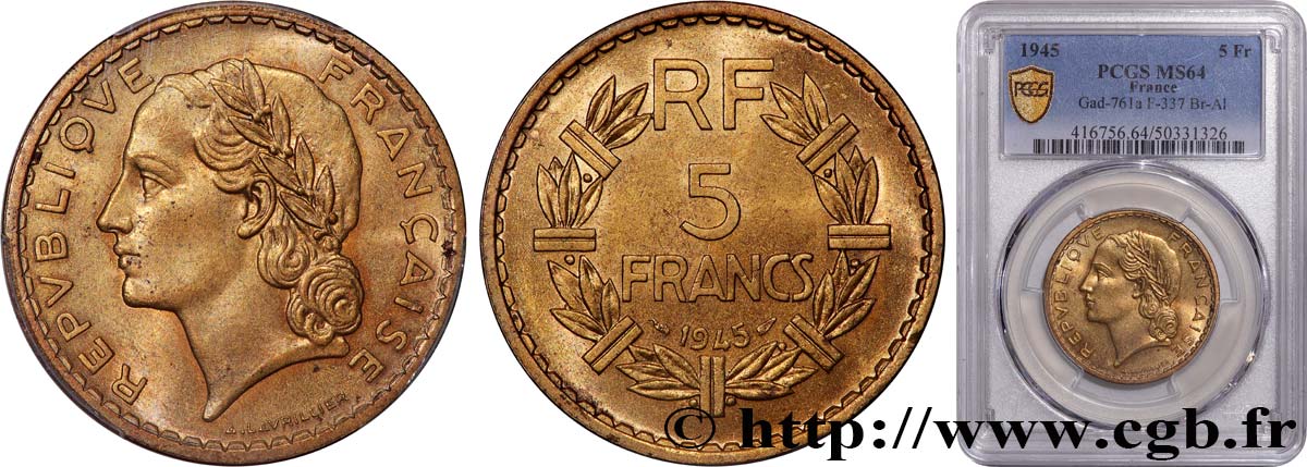 5 francs Lavrillier, bronze-aluminium 1945  F.337/5 fST64 PCGS