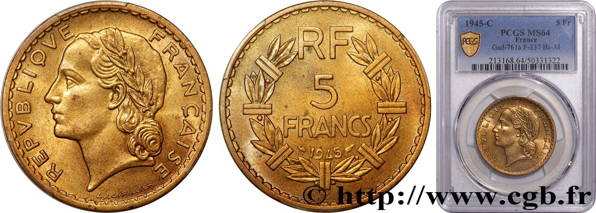 5 francs Lavrillier, bronze-aluminium 1945 Castelsarrasin F.337/6 SPL64 PCGS