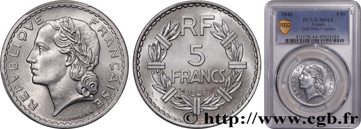 5 francs Lavrillier, aluminium, 9 ouvert 1948  F.339/13 MS64 PCGS