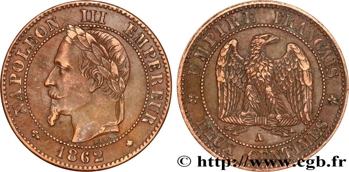 Deux centimes Napoléon III, tête laurée, buste définitif 1862 Paris F.108A/4 SS 