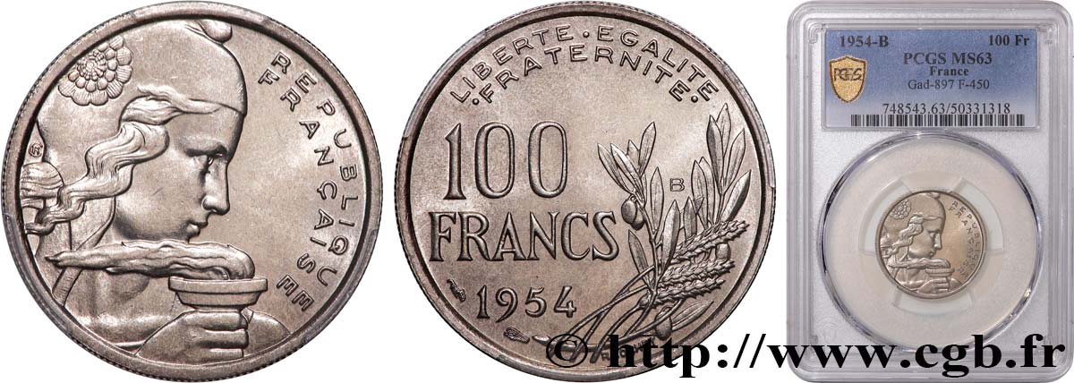 100 francs Cochet 1954 Beaumont-Le-Roger F.450/3 SPL63 PCGS