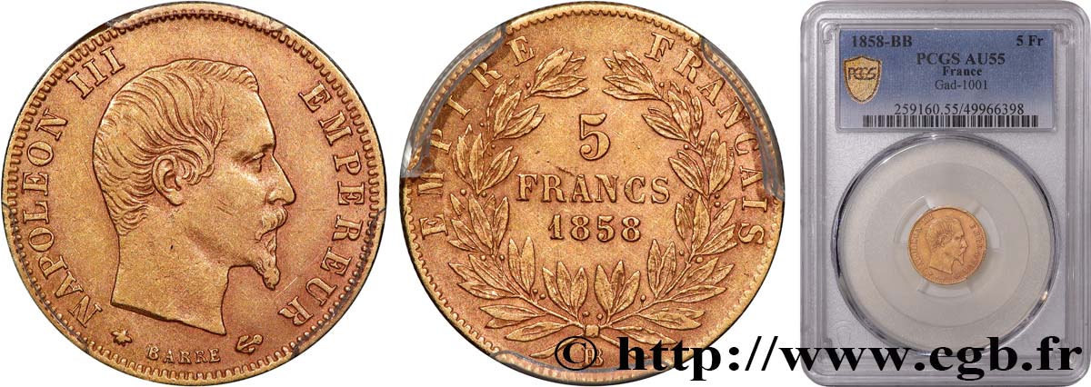 5 francs or Napoléon III, tête nue, grand module 1858 Strasbourg F.501/6 SUP55 PCGS