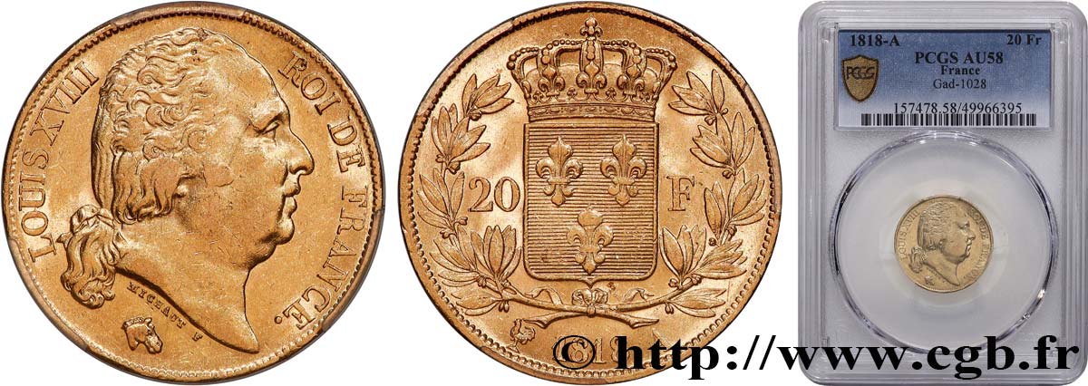 20 francs or Louis XVIII, tête nue 1818 Paris F.519/10 AU58 PCGS