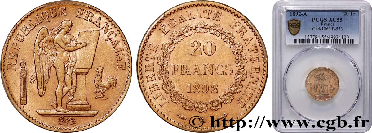 20 francs or Génie, Troisième République 1892 Paris F.533/16 AU55 PCGS