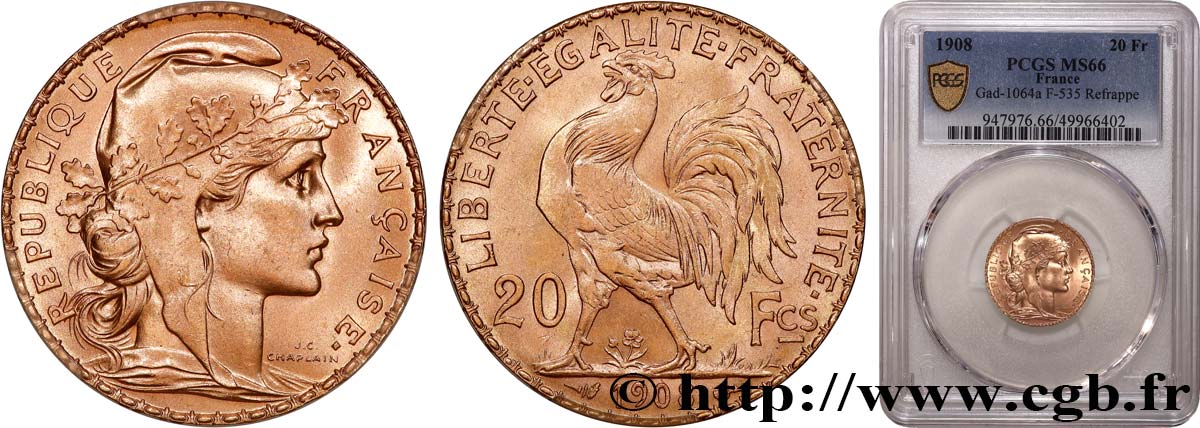 20 francs or Coq, Liberté Égalité Fraternité 1908 Paris F.535/2 MS66 PCGS