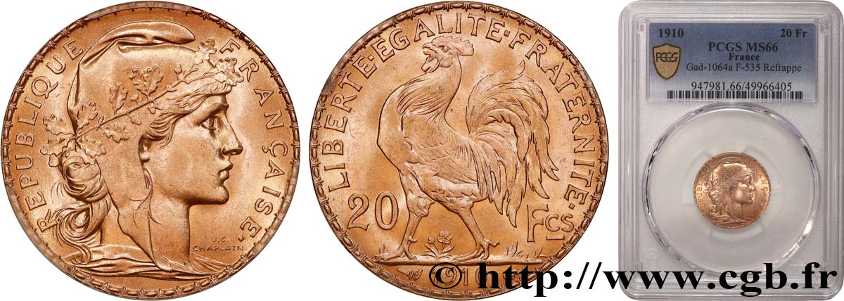 20 francs or Coq, Liberté Égalité Fraternité 1910 Paris F.535/4 MS66 PCGS