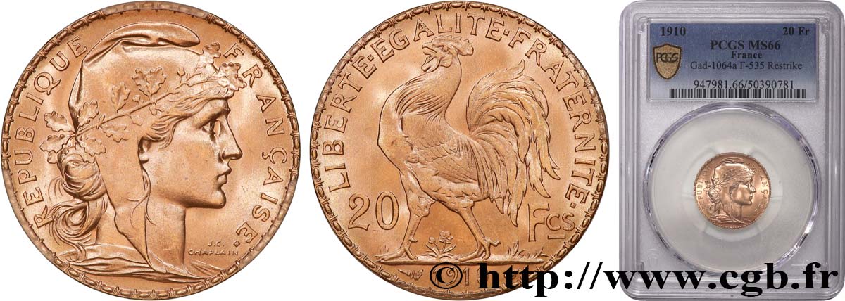 20 francs or Coq, Liberté Égalité Fraternité 1910 Paris F.535/4 MS66 PCGS