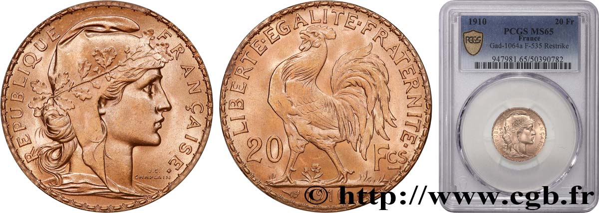 20 francs or Coq, Liberté Égalité Fraternité 1910 Paris F.535/4 ST65 PCGS