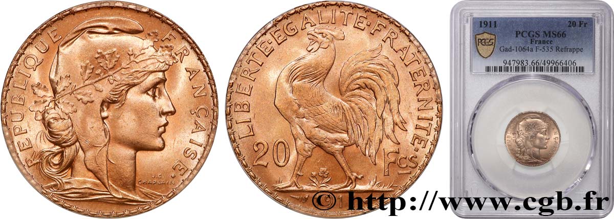 20 francs or Coq, Liberté Égalité Fraternité 1911 Paris F.535/5 MS66 PCGS