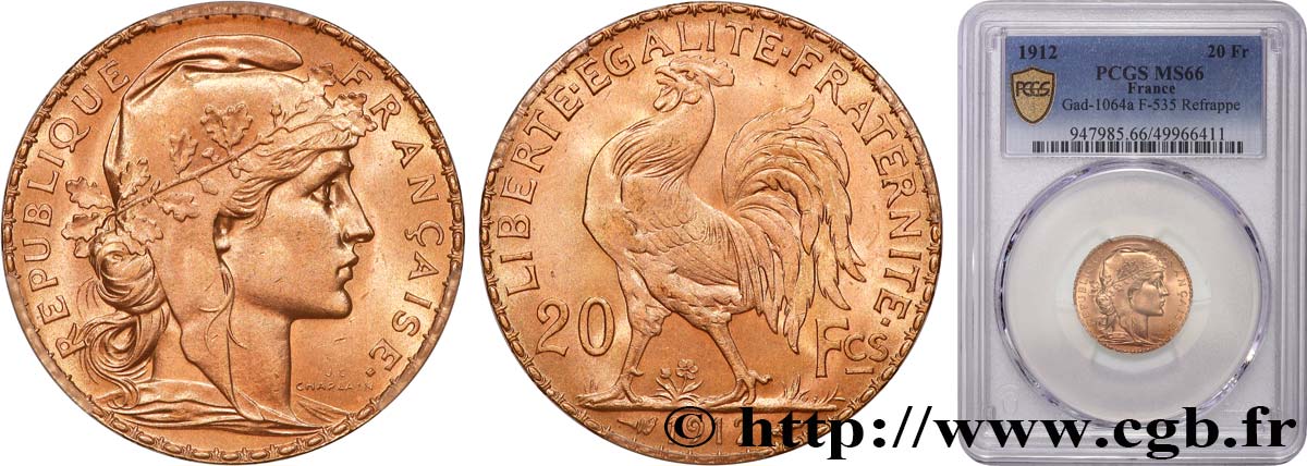 20 francs or Coq, Liberté Égalité Fraternité 1912 Paris F.535/6 MS66 PCGS