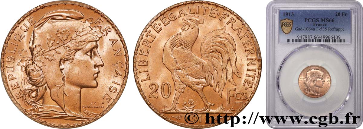 20 francs or Coq, Liberté Égalité Fraternité 1913 Paris F.535/7 ST66 PCGS