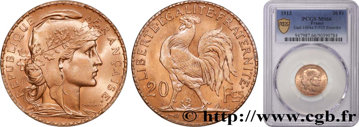20 francs or Coq, Liberté Égalité Fraternité 1913 Paris F.535/7 FDC66 PCGS