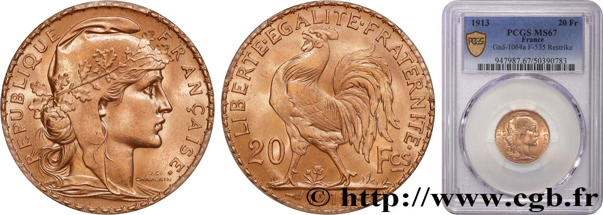 20 francs or Coq, Liberté Égalité Fraternité 1913 Paris F.535/7 ST67 PCGS