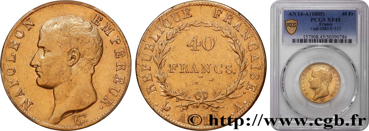 40 francs or Napoléon tête nue, Calendrier révolutionnaire 1805 Paris F.537/2 MBC45 PCGS