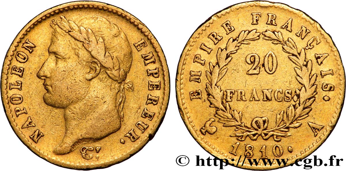 20 francs or Napoléon tête laurée, Empire français 1810 Paris F.516/8 q.BB 