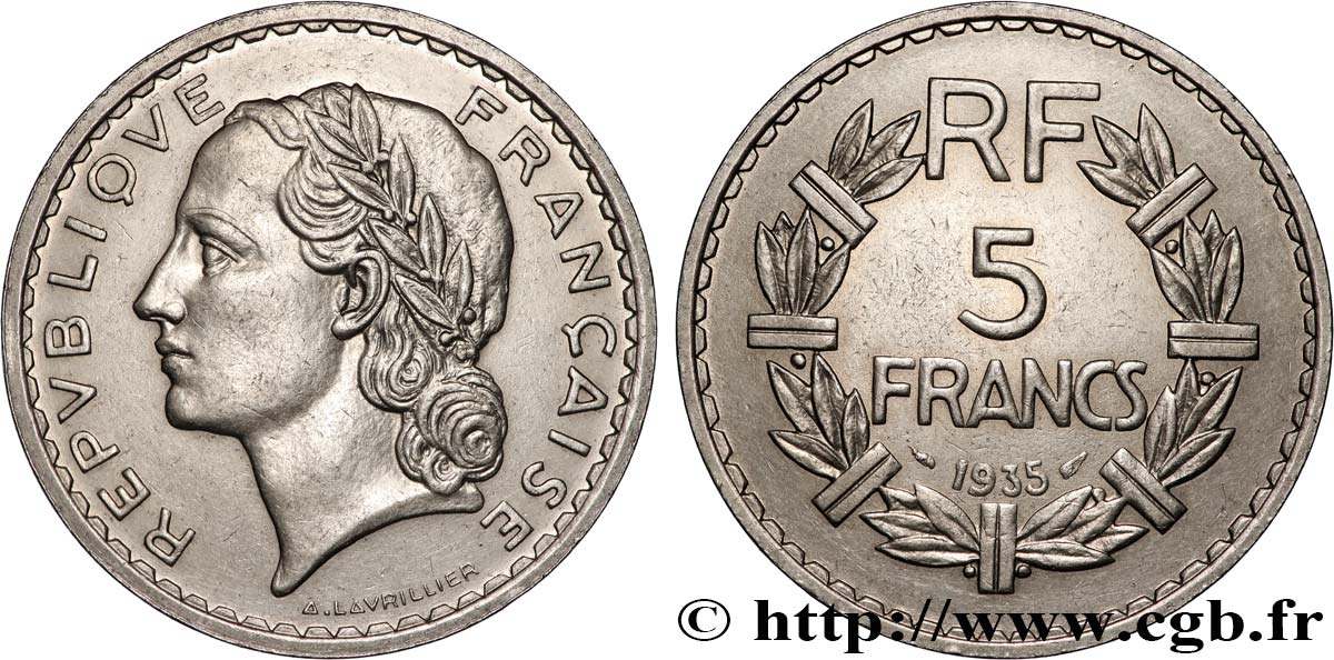 5 francs Lavrillier, nickel 1935  F.336/4 SPL 