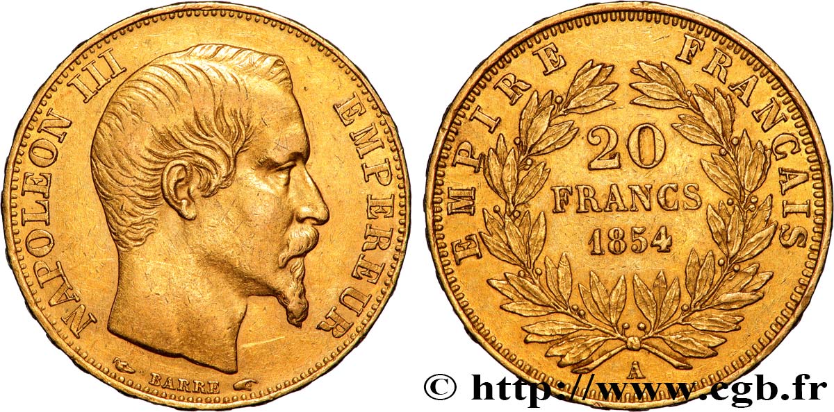 20 francs or Napoléon III, tête nue 1854 Paris F.531/2 TTB 