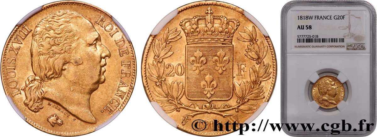 20 francs or Louis XVIII, tête nue 1818 Lille F.519/14 SUP58 NGC