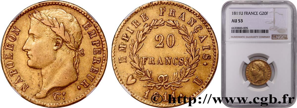 20 francs or Napoléon tête laurée, Empire français 1811 Turin F.516/20 AU53 NGC