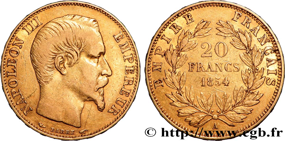 20 francs or Napoléon III, tête nue 1854 Paris F.531/2 fSS 