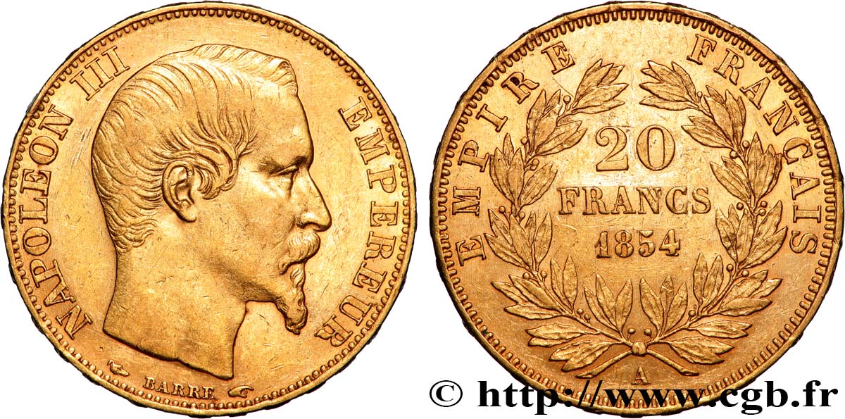 20 francs or Napoléon III, tête nue 1854 Paris F.531/2 MBC 