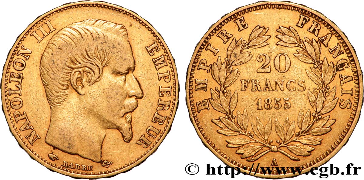 20 francs or Napoléon III, tête nue 1855 Paris F.531/4 XF 