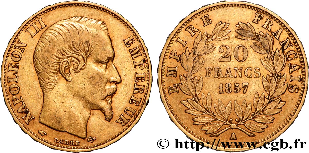 20 francs or Napoléon III, tête nue 1857 Paris F.531/12 BB 