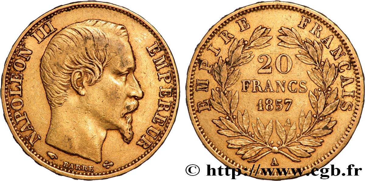 20 francs or Napoléon III, tête nue 1857 Paris F.531/12 SS 