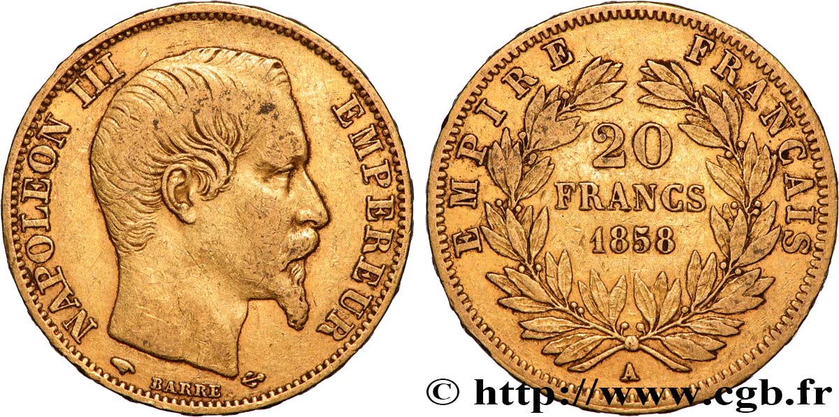 20 francs or Napoléon III, tête nue 1858 Paris F.531/13 BC+ 