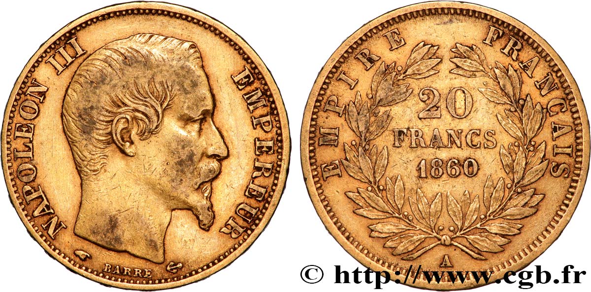 20 francs or Napoléon III, tête nue 1860 Paris F.531/18 TB+ 