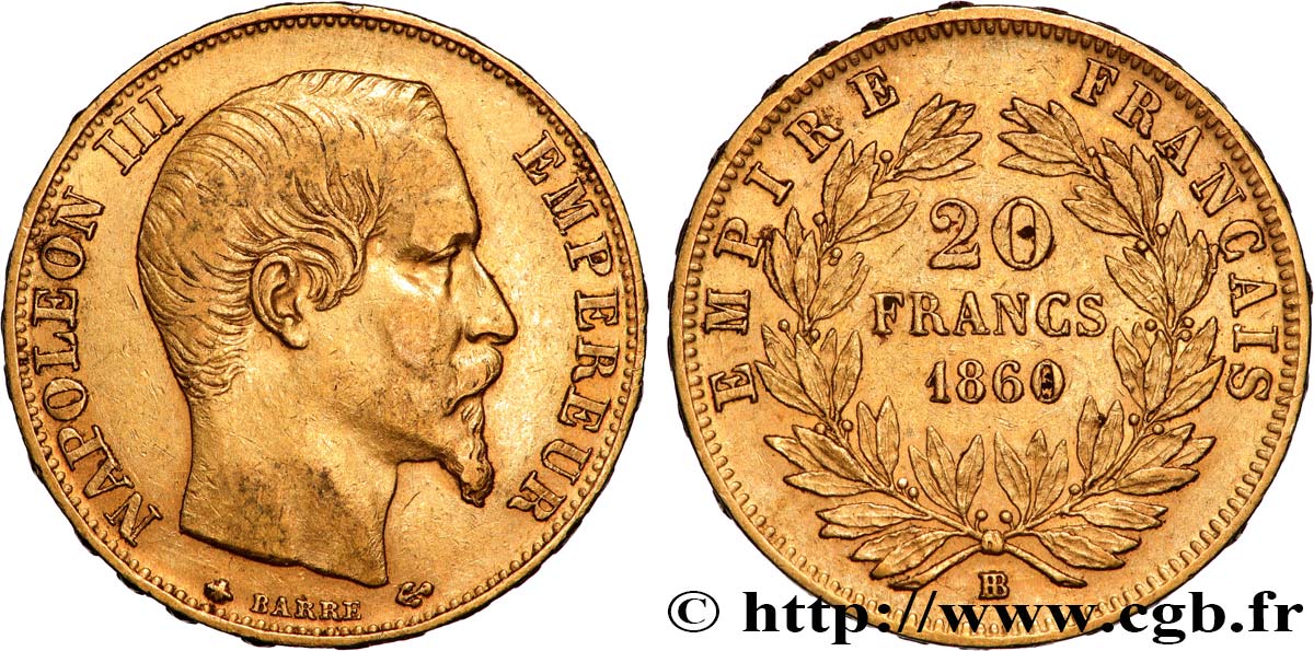 20 francs or Napoléon III, tête nue 1860 Strasbourg F.531/20 MBC 