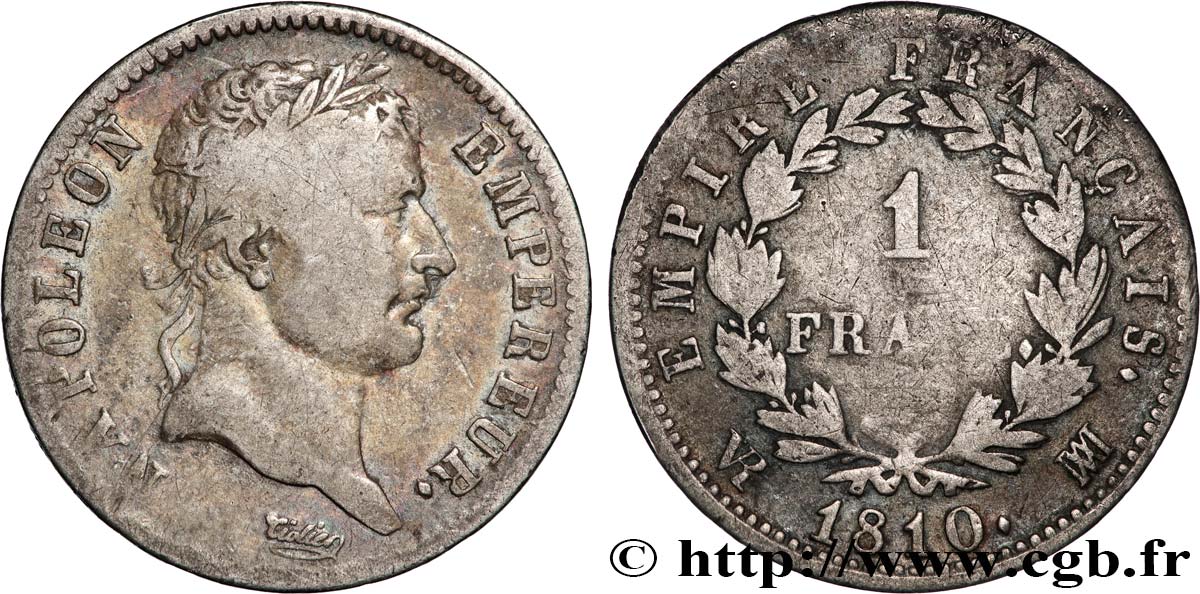 1 franc Napoléon Ier tête laurée, Empire français 1810 Marseille F.205/24 MB 