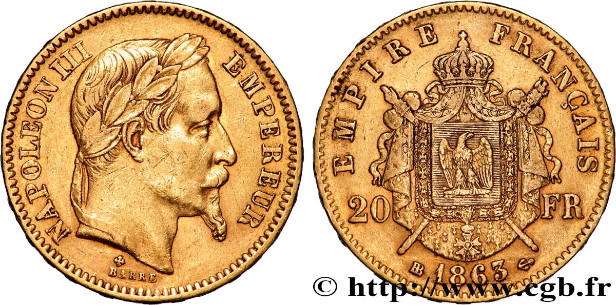 20 francs or Napoléon III, tête laurée 1863 Strasbourg F.532/7 SS 