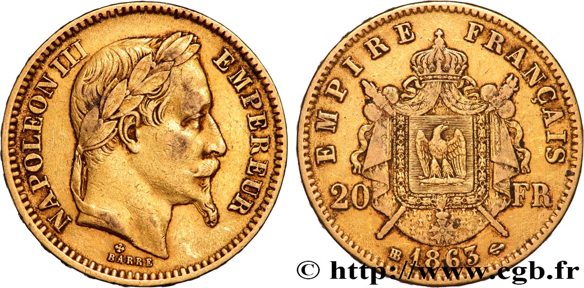 20 francs or Napoléon III, tête laurée 1863 Strasbourg F.532/7 fSS 