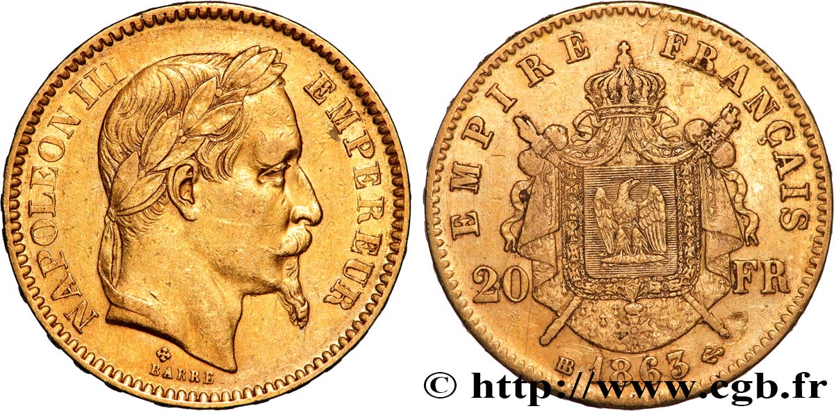 20 francs or Napoléon III, tête laurée 1863 Strasbourg F.532/7 MBC 