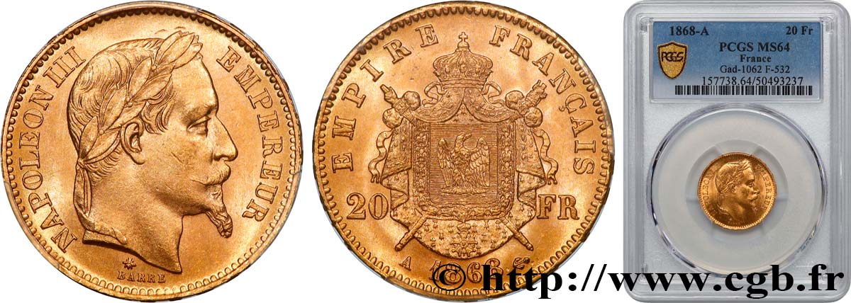 20 francs or Napoléon III, tête laurée 1868 Paris F.532/18 SPL64 PCGS