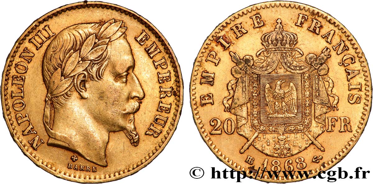 20 francs or Napoléon III, tête laurée 1868 Strasbourg F.532/19 SS 