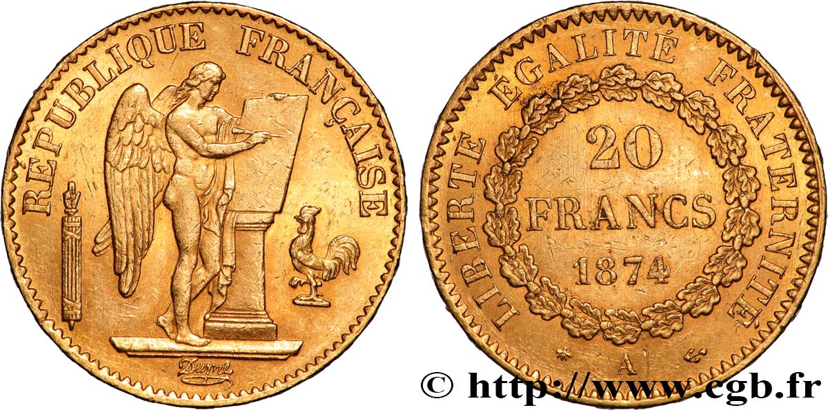 20 francs or Génie, Troisième République 1874 Paris F.533/2 MBC+ 