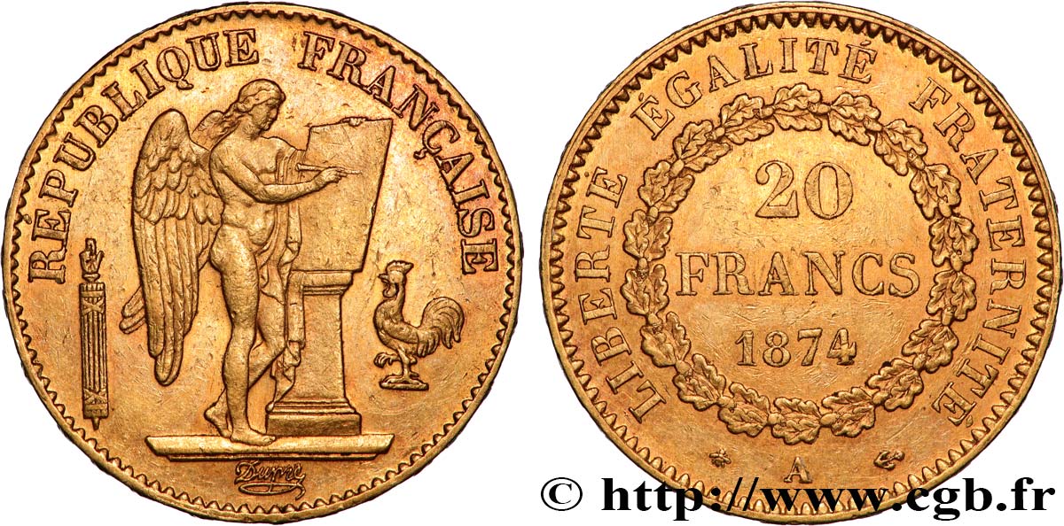 20 francs or Génie, Troisième République 1874 Paris F.533/2 AU 