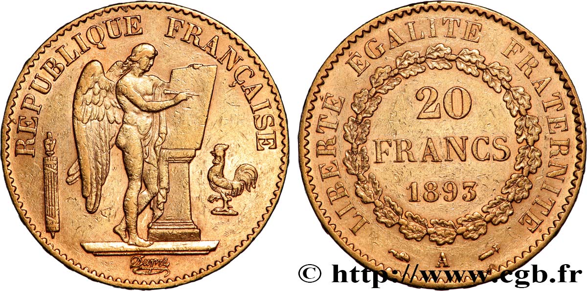 20 francs or Génie, Troisième République 1893 Paris F.533/17 AU 