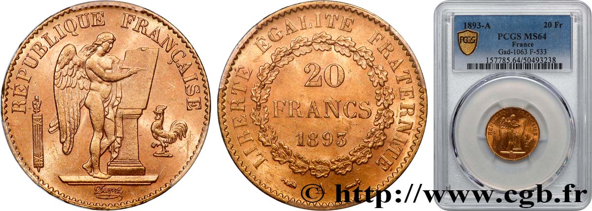 20 francs or Génie, Troisième République 1893 Paris F.533/17 SC64 PCGS