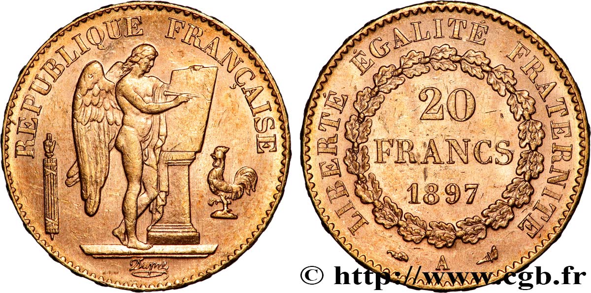 20 francs or Génie, Troisième République 1897 Paris F.533/22 MBC+ 