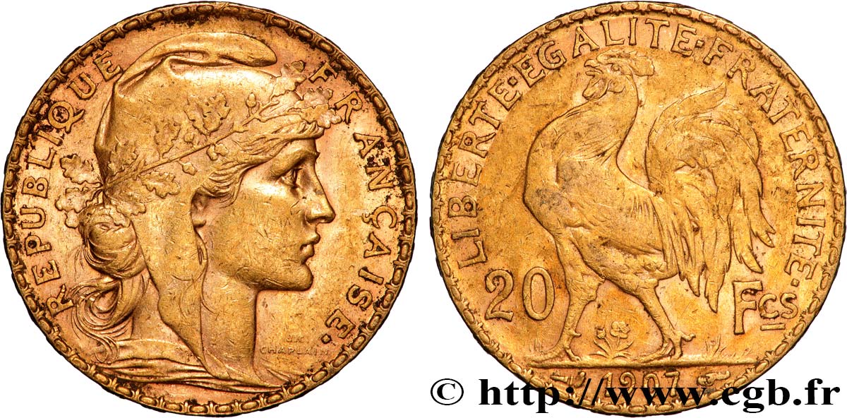 20 francs or Coq, Liberté Égalité Fraternité 1907 Paris F.535/1 XF 
