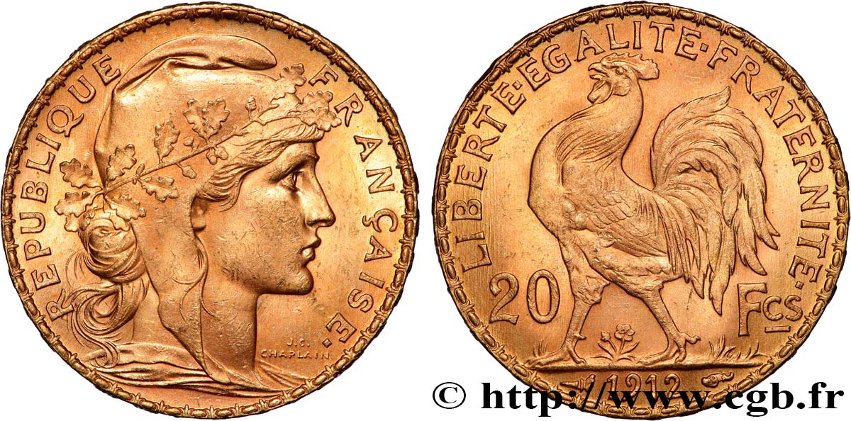 20 francs or Coq, Liberté Égalité Fraternité 1912 Paris F.535/6 SUP+ 